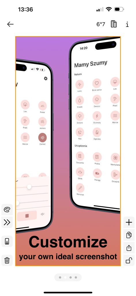 Interfaz de la app App Previews mostrando mockups de iPhone superpuestos con herramientas de personalización para crear capturas de pantalla de la App Store