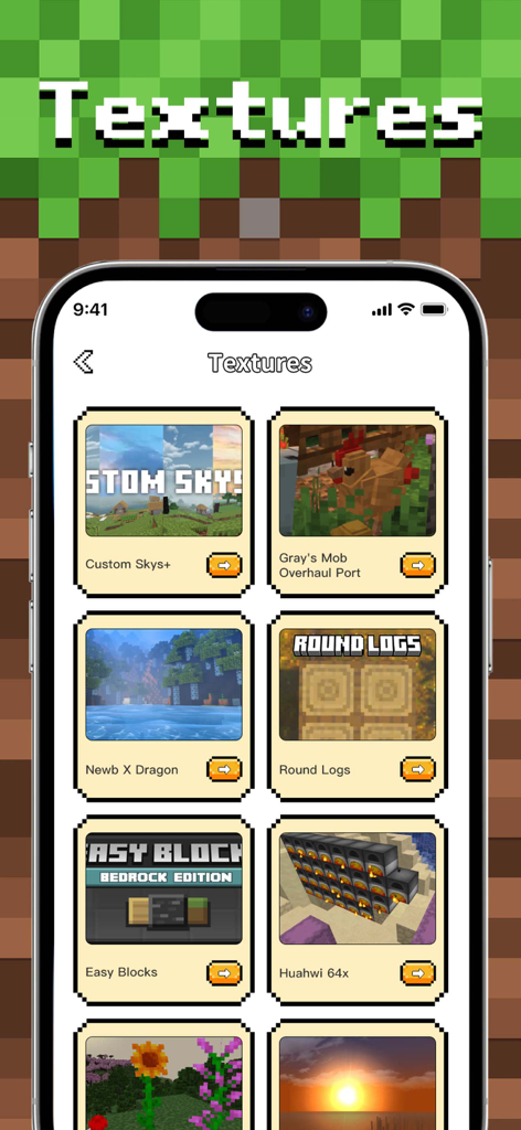 MCMods & Addons for MCPEOL - Um menu de pacotes de textura de alta qualidade para Minecraft em uma tela de iPhone