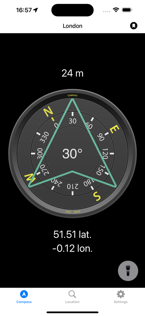 Compass Pro - Aircraft - Digital aircraft compass interface showing 30 degree heading with altitude and geographic coordinates