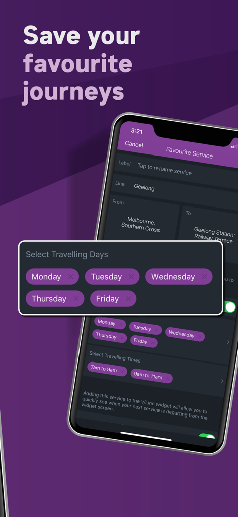 Interface of the VLine app showing the options to save a favorite train journey including day and time selections
