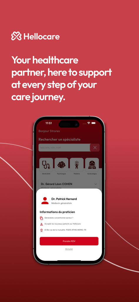 Écran de smartphone affichant l'interface de l'application Hellocare avec un profil de médecin et des options pour réserver une consultation médicale.