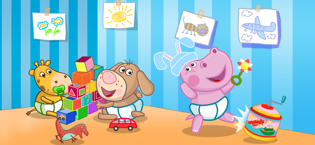Hippo pet care game simulator - Baby hippo, dog, and giraffe playing with toy blocks and cars in a nursery playroom