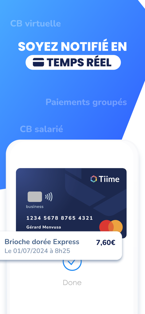 Tiime App-Benutzeroberfläche, die eine geschäftliche Mastercard und eine Echtzeit-Transaktionsbenachrichtigung für eine Ausgabe zeigt