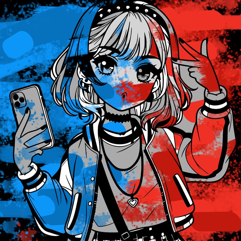 beautiful manga girl with phone and selfie doing the girl power sign and wearing really trendy clothes with cool hair