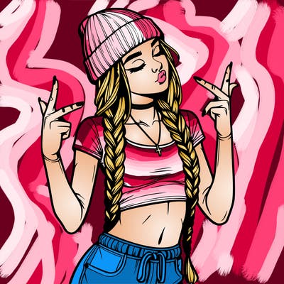 realistic teenage girl with braids and a beanie and crop top doing 🫶🏼