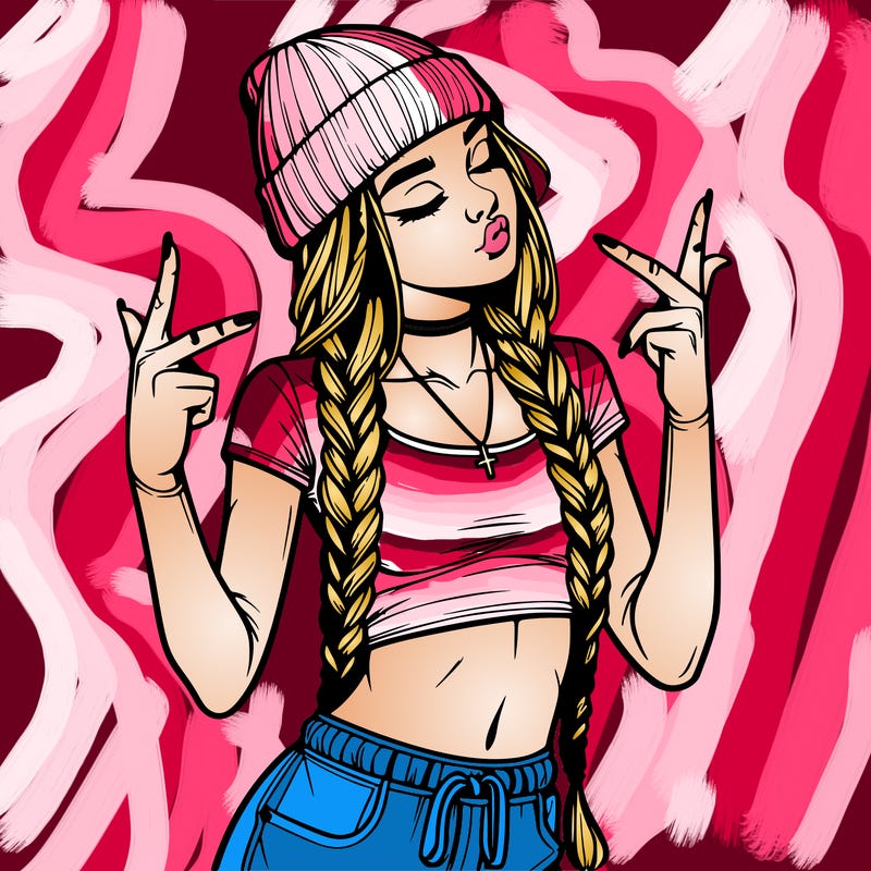 realistic teenage girl with braids and a beanie and crop top doing 🫶🏼