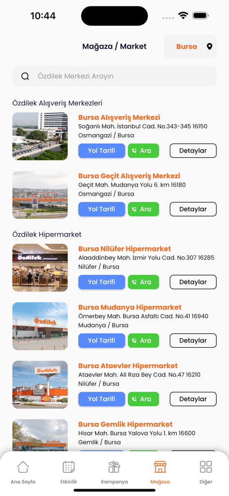 Özdilek AVM - Ozdilek AVM app interface showing a list of shopping centers and hypermarket locations in Bursa