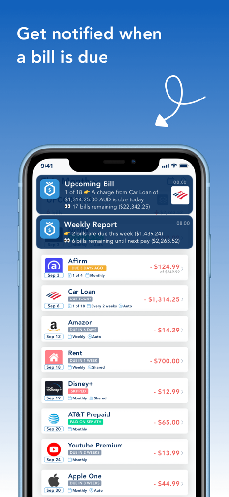 BillOut - Bill Tracker - Interface of BillOut app showing a list of upcoming bills with due date notifications and status updates