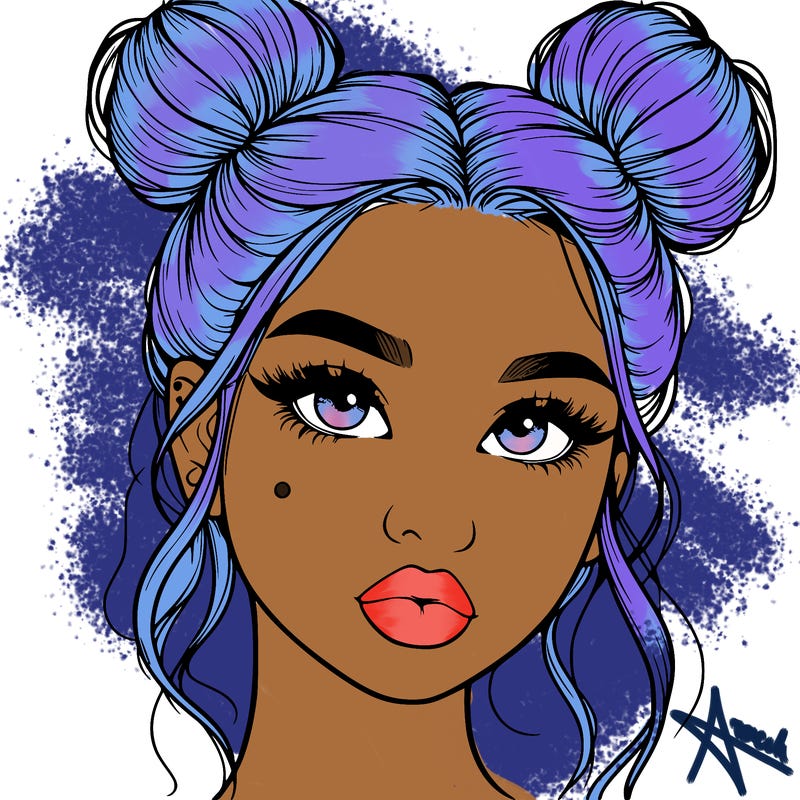 realistic girl with two buns on her hair and lips