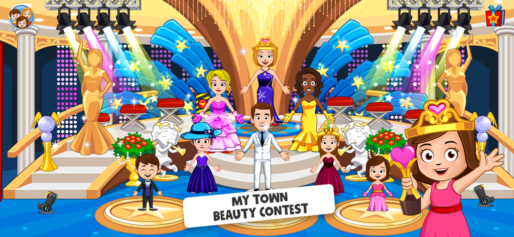 My Town : Beauty Contest - Cartoon characters in formal outfits on a beauty contest stage with spotlights and trophies
