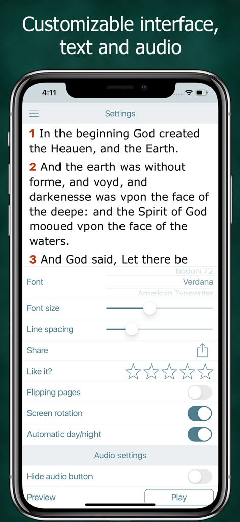 Settings screen of the 1611 King James Bible app showing font size and audio customization options