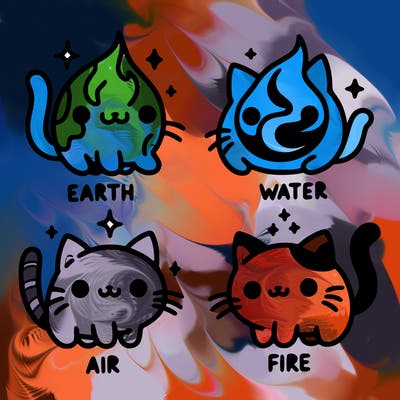 4 cats that represent the different elements, earth, water, air, and fire