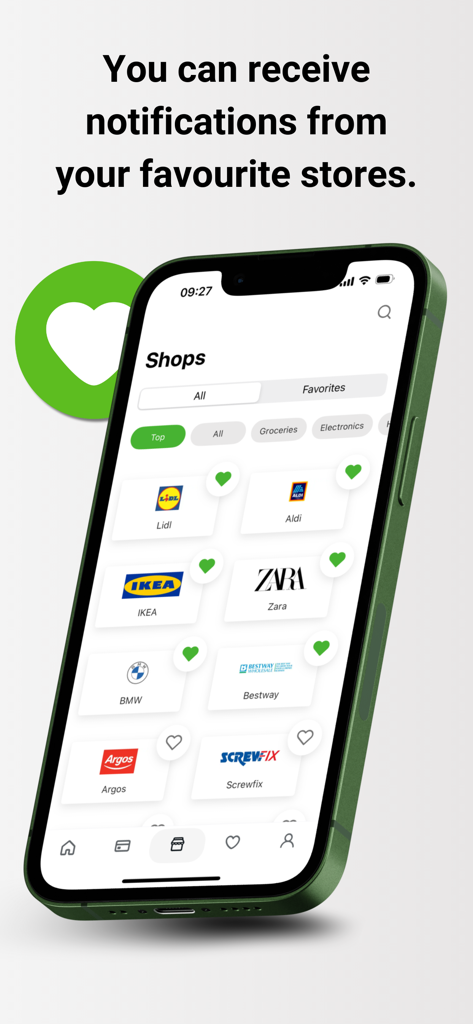 Kimbino − Weekly ads and Deals - Kimbino app interface displaying a list of favorite stores for digital weekly ads and notifications.