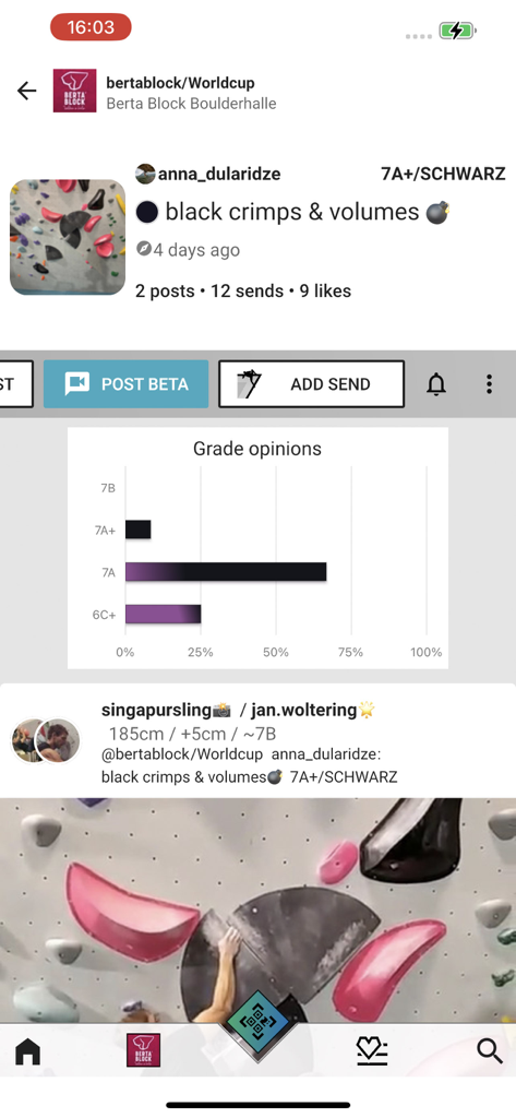 BETA7 - BETA7 app showing a specific boulder route profile with grade distribution chart and community climbing videos
