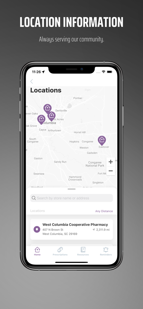 Cooperative Health Pharmacy - Cooperative Health Pharmacy app screen showing a map of local pharmacy locations and addresses