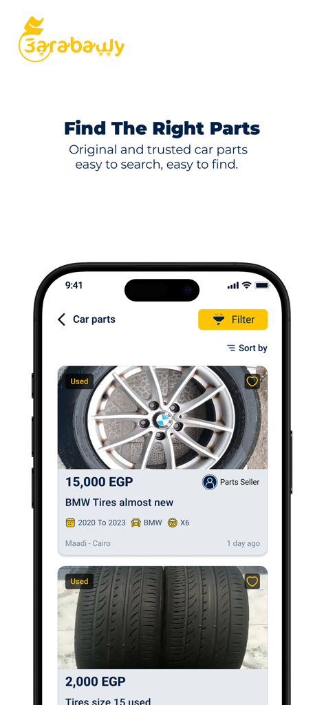 3arabawy: Buy & Sell Cars - 新品および中古の自動車スペアパーツ、エジプトでのBMWタイヤのリストを表示する3arabawyアプリのモバイル画面