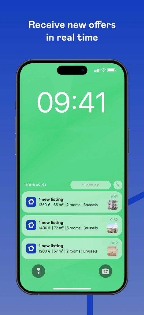 Immoweb app real-time property notification alerts on a smartphone lock screen