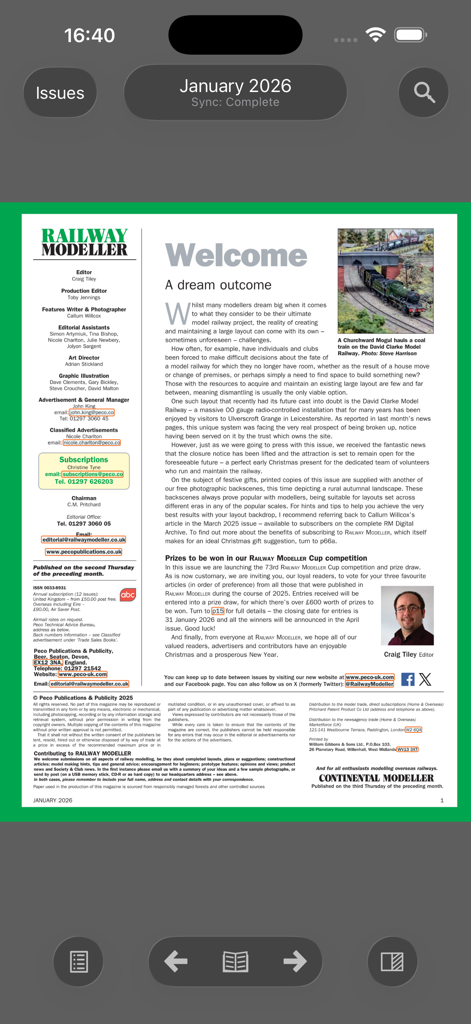 Railway Modeller - Página editorial digital do aplicativo Railway Modeller mostrando um artigo de revista e um trem modelo