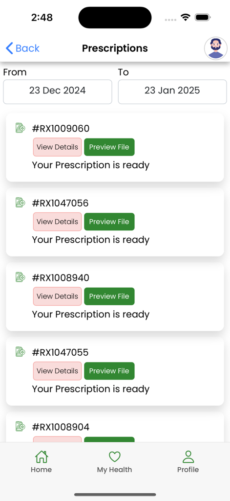 Schermata dell'app MHealth plus che visualizza un elenco di prescrizioni mediche digitali