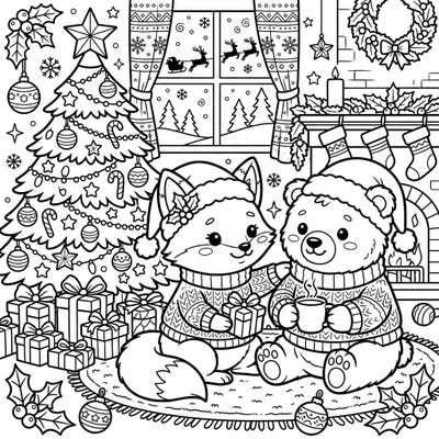 Celebrate the festive season with this delightful coloring page showcasing an adorable fox and bear sharing a warm moment. Immerse yourself in a beautifully detailed Christmas scene, perfect for bringing holiday cheer to life with your favorite colors.