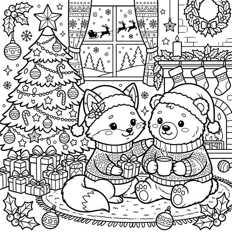 Celebrate the festive season with this delightful coloring page showcasing an adorable fox and bear sharing a warm moment. Immerse yourself in a beautifully detailed Christmas scene, perfect for bringing holiday cheer to life with your favorite colors.