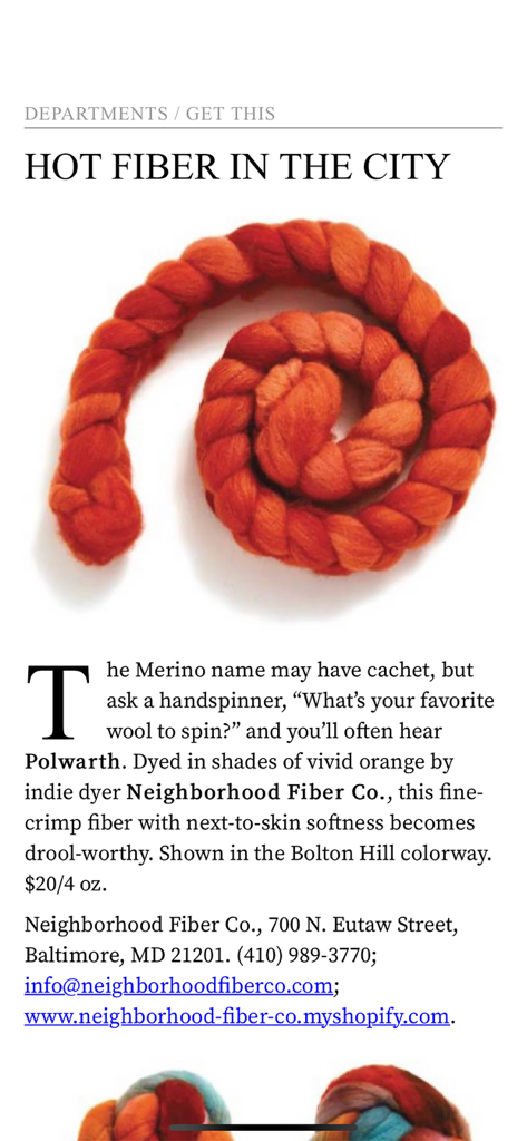 Spin Off Magazine - A magazine article titled Hot Fiber in the City featuring a coil of orange dyed wool fiber
