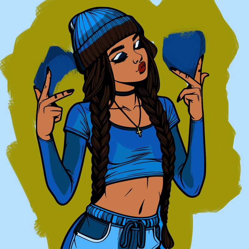 realistic teenage girl with braids and a beanie and crop top doing 🫶🏼