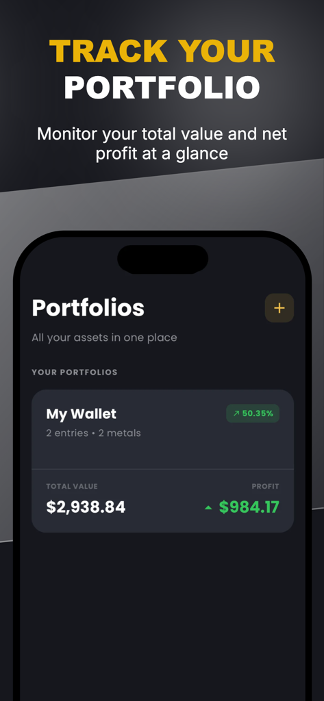Gold Price Tracker: MetalFolio - MetalFolio app interface showing a precious metals portfolio with total value and net profit metrics