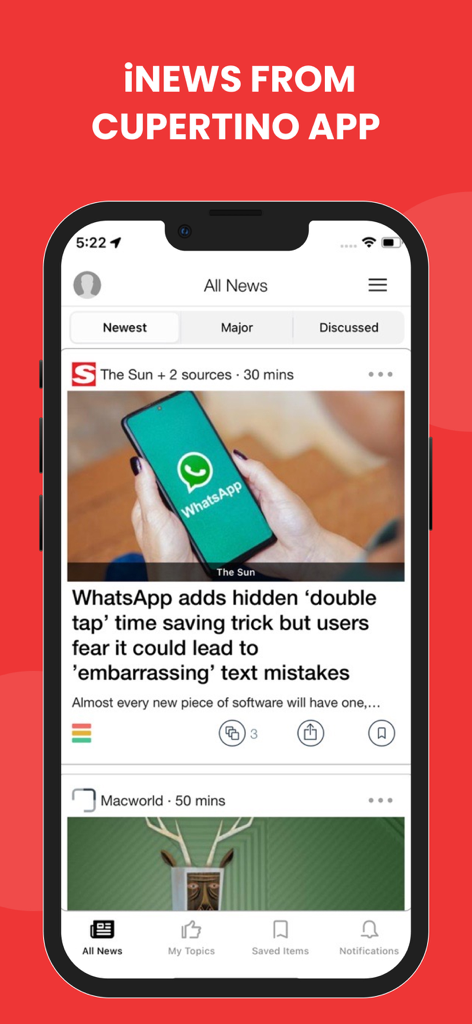 iPhone screen displaying the iNews from Cupertino app with a tech news feed featuring headlines and navigation options.