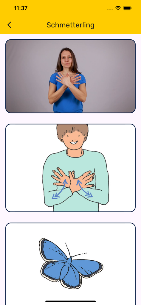 Una pantalla de la app GuK que muestra el signo de mariposa con una demostración en vídeo, una ilustración técnica con flechas de movimiento y un dibujo de una mariposa azul.