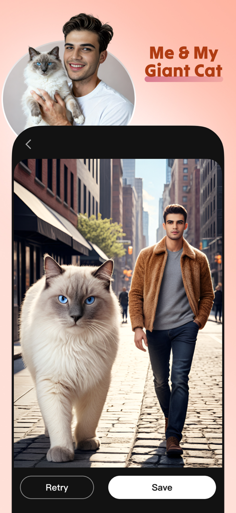 Meow AI: pet photo video maker - Imagen generada por IA de un hombre caminando con un gato blanco esponjoso gigante en una calle de la ciudad