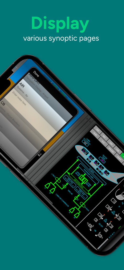 Acron B787 Cockpit Fam. - Technical diagram of Boeing 787 air systems and note-taking interface on a mobile device