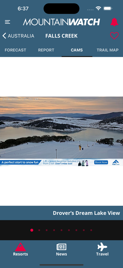 Mountainwatch - Mountainwatch app displaying a live webcam view of the Drovers Dream Lake at Falls Creek resort