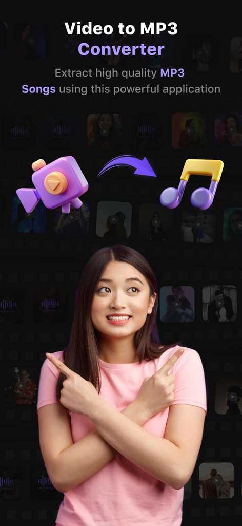 Video to MP3 Converter ™ - Interfaccia dell'app Video to MP3 Converter che mostra l'estrazione audio da file video con una giovane donna che indica il processo di conversione.