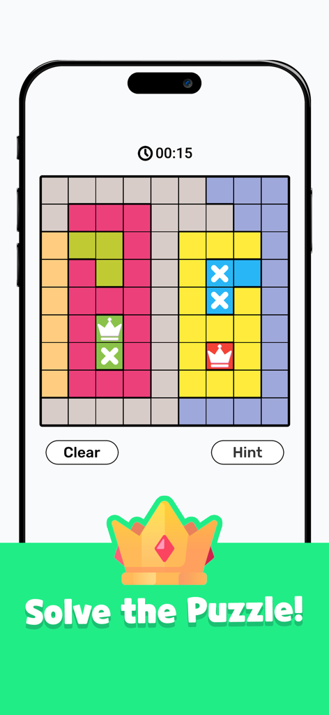 Queens Royal - Gameplay screenshot of Queens Royal logic puzzle showing a grid with colored zones and crowns.
