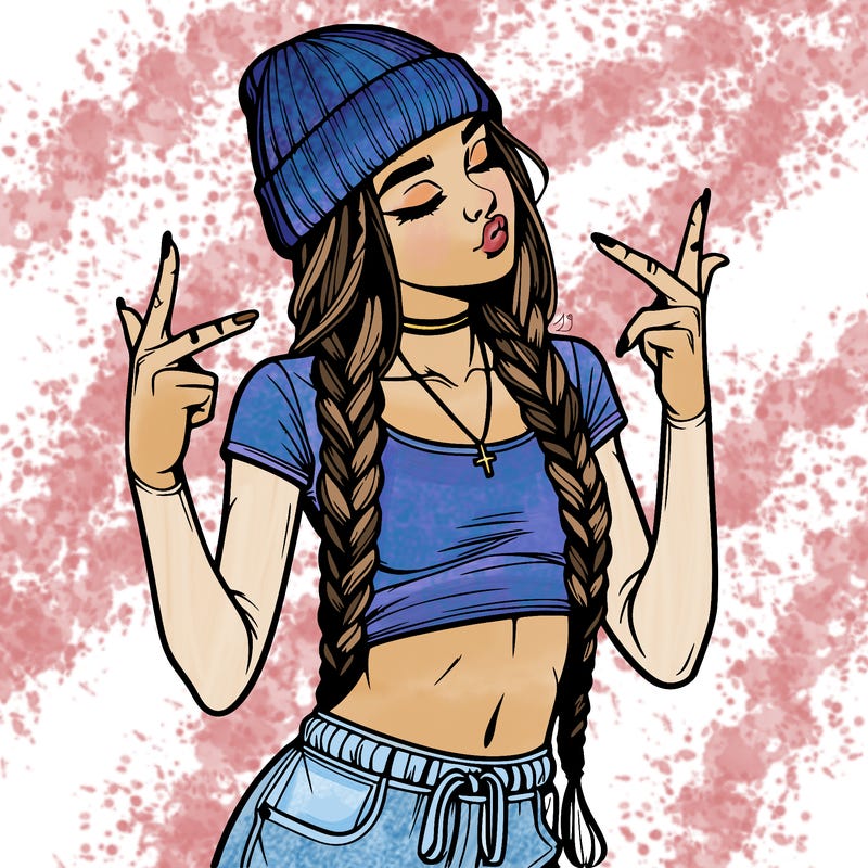 realistic teenage girl with braids and a beanie and crop top doing 🫶🏼