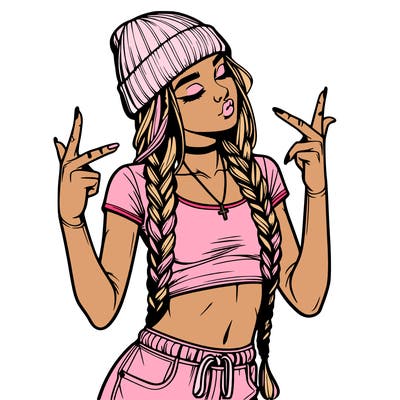 realistic teenage girl with braids and a beanie and crop top doing 🫶🏼