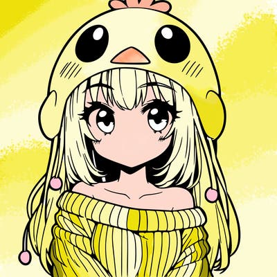 anime girl with chick shaped hat with sweater with bare shoulders with bangs covering them one eye with low tail