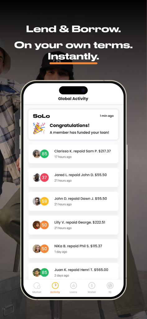 SoLo Funds app interface showing the global activity feed with peer to peer loan funding and repayment notifications