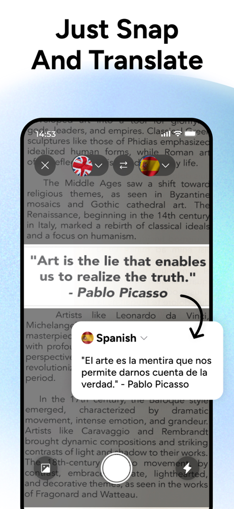 Función de cámara de Traductor IA traduciendo una cita en inglés al español