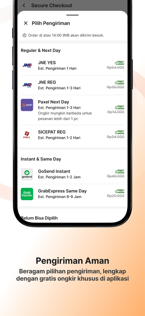JNE、Paxell、GoSend、GrabExpressを含む様々なインドネシアの配送オプションを表示するモバイルアプリのチェックアウト画面。