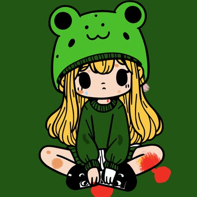 a girl wearing a frog hat and some frog socks