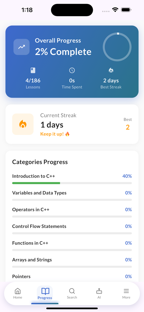 Learn C++ Programming Offline - Mobile app screen showing the user's C++ learning progress with lesson completion statistics and a current streak counter.