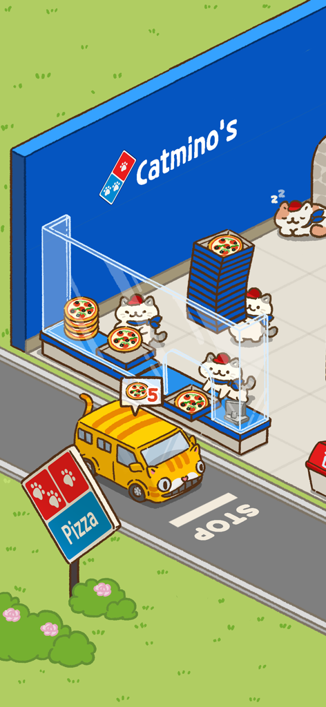 Pizza Cat: 30min fun guarantee - Gatos fofos gerenciando uma pizzaria chamada Catminos com uma van de entrega de gatos amarelos