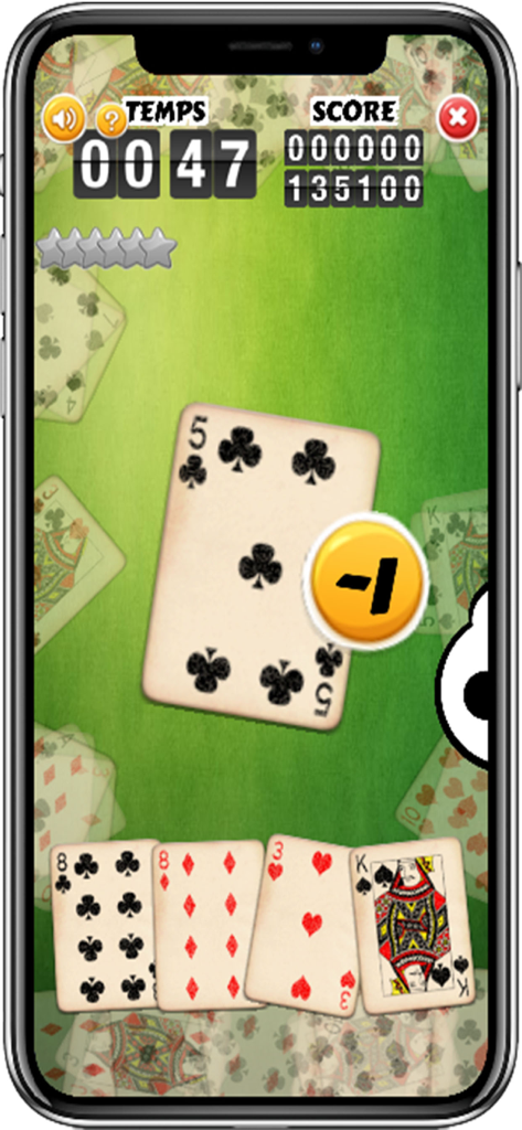 Stack Master - Stack Master app interface showing a card training challenge with a score counter and playing cards on a green background