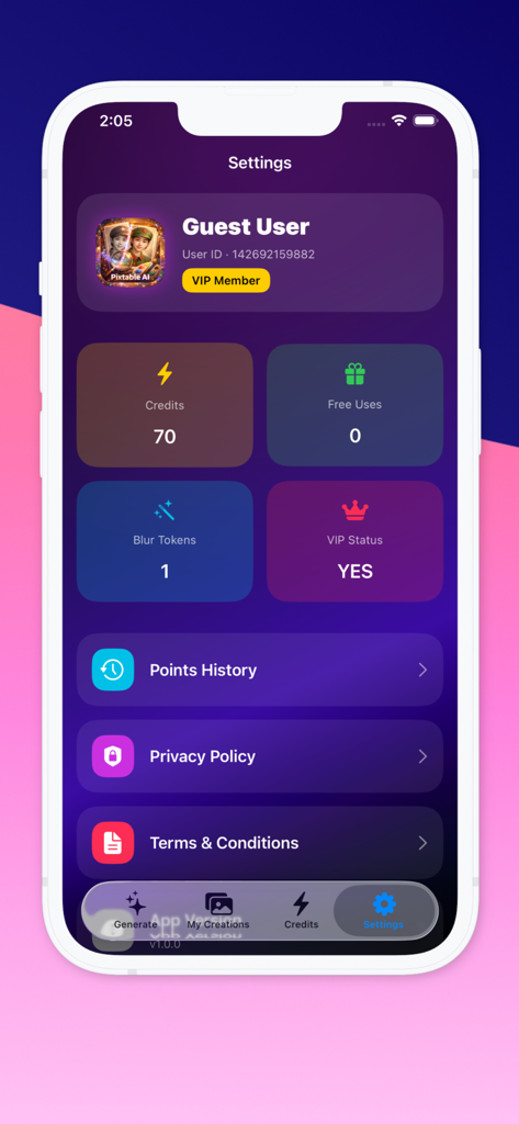 Interfaz de configuración de usuario para Pixtable AI que muestra el estado de los créditos y la membresía VIP