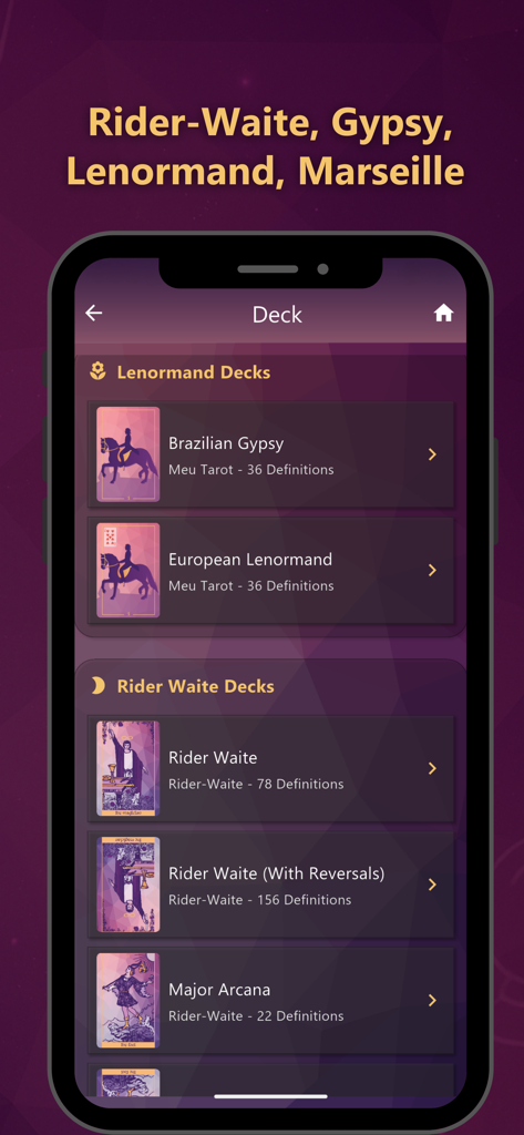 Meu Tarot - Interfaccia dell'app Meu Tarot che mostra un elenco di diversi mazzi di tarocchi e oracoli, inclusi Rider Waite e Lenormand