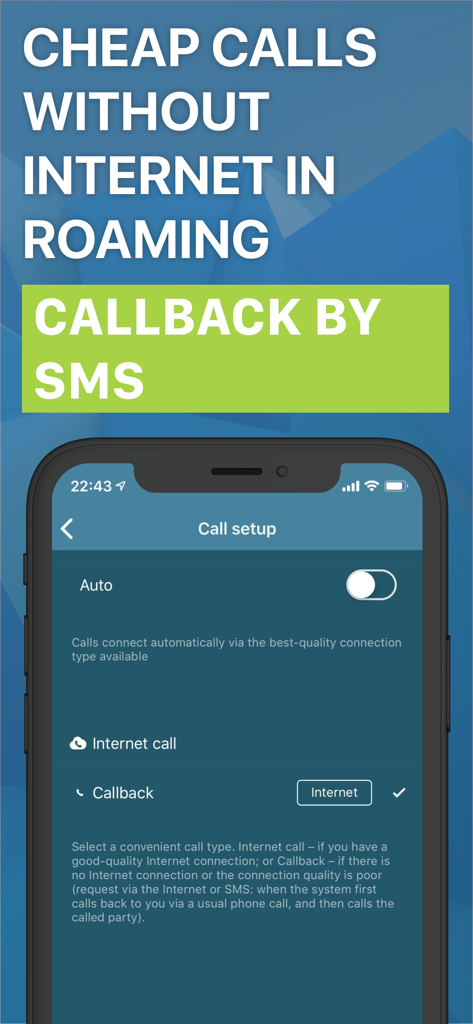 Callbacker app screen showing setup for cheap roaming calls and SMS callback