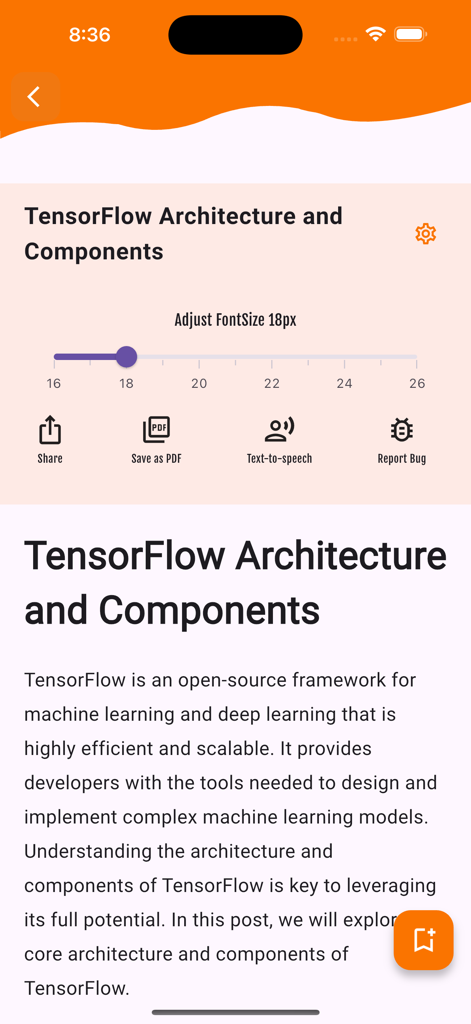 Learn TensorFlow - TensorFlowアプリ内のTensorFlowアーキテクチャに関するレッスンのスクリーンショット。テキストコンテンツと調整設定が表示されます。