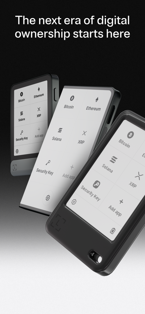 Ledger Wallet™ crypto app - Bitcoin, Ethereum, Solana 및 XRP 아이콘이 표시된 세 개의 Ledger 하드웨어 지갑.